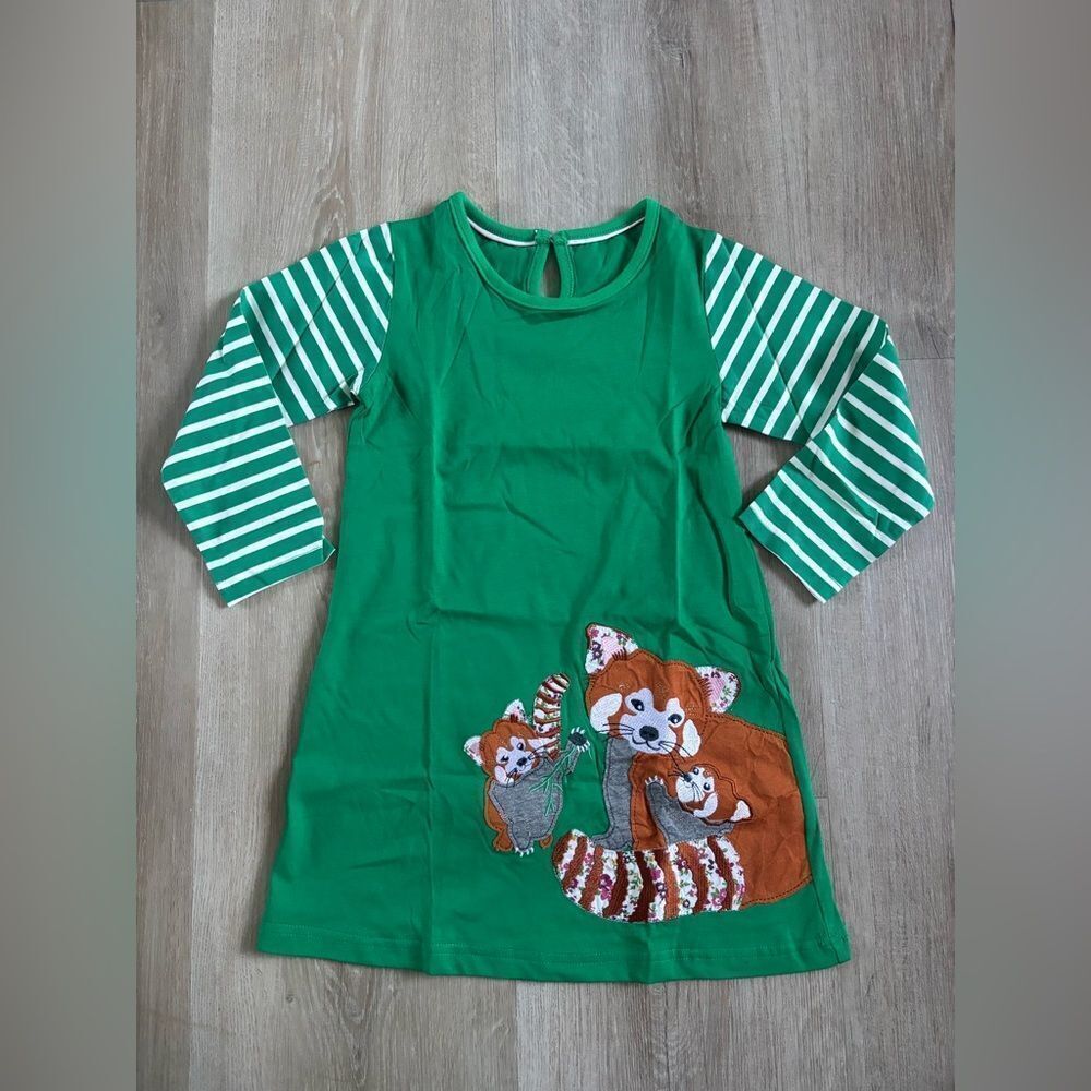 Green Striped Long Sleeve Dress with Fox Design